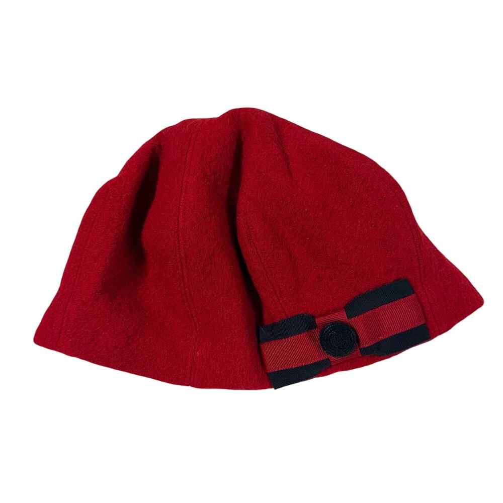 Stacy Rauba Yutaka Fujita Red Wool Cloche Hat Bow